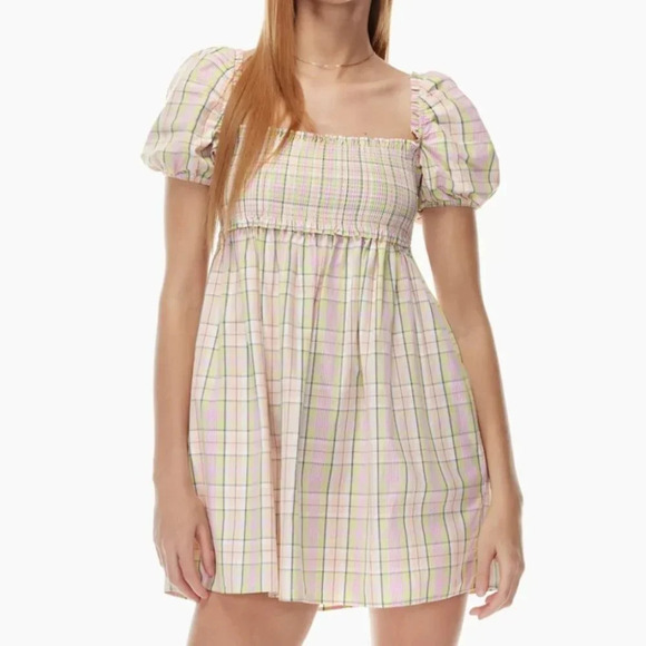 Aritzia Sunday Best Sun Deh Hadley Babydoll Poplin Mini Dress Plaid Lola Lime XS - Picture 1 of 8